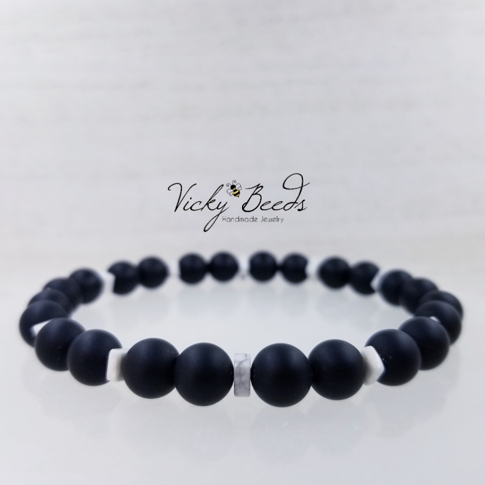 Black Onyx & Howlite Beaded Gemstone Bracelet